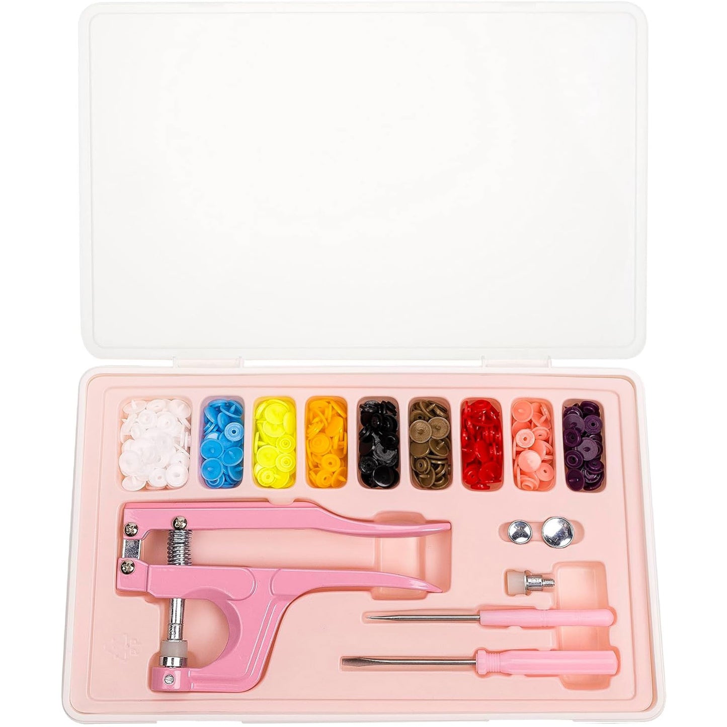 Plastic Snap Fastener Kit with Plier Screwdriver Awl and Storage Case, 100 Sets Snaps, 9 Colors T5 Buttons, 12mm Cap. Snap Plier for T3(10mm), T5(12mm), T8(15mm) Buttons
