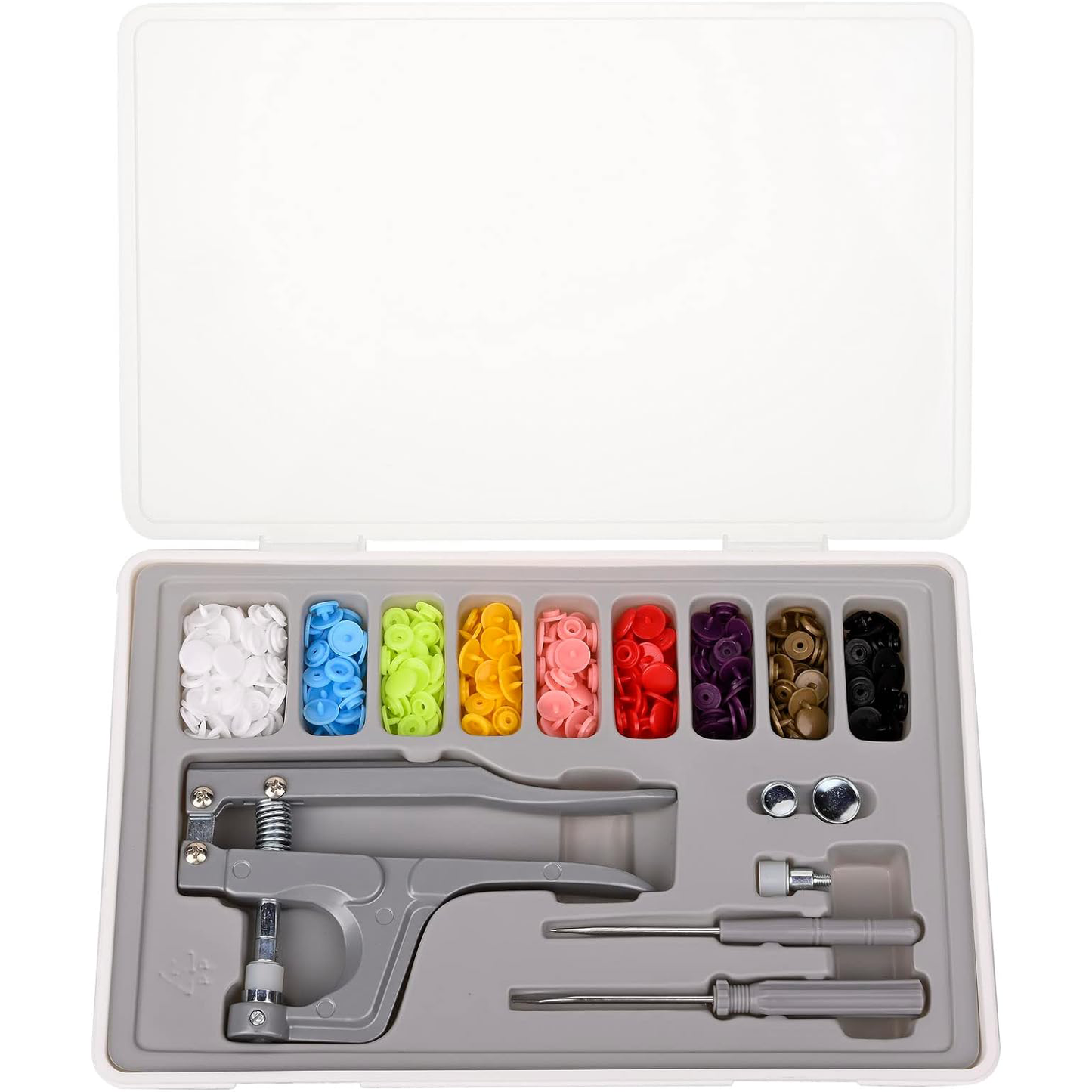 Plastic Snap Fastener Kit with Plier Screwdriver Awl and Storage Case, 100 Sets Snaps, 9 Colors T5 Buttons, 12mm Cap. Snap Plier for T3(10mm), T5(12mm), T8(15mm) Buttons