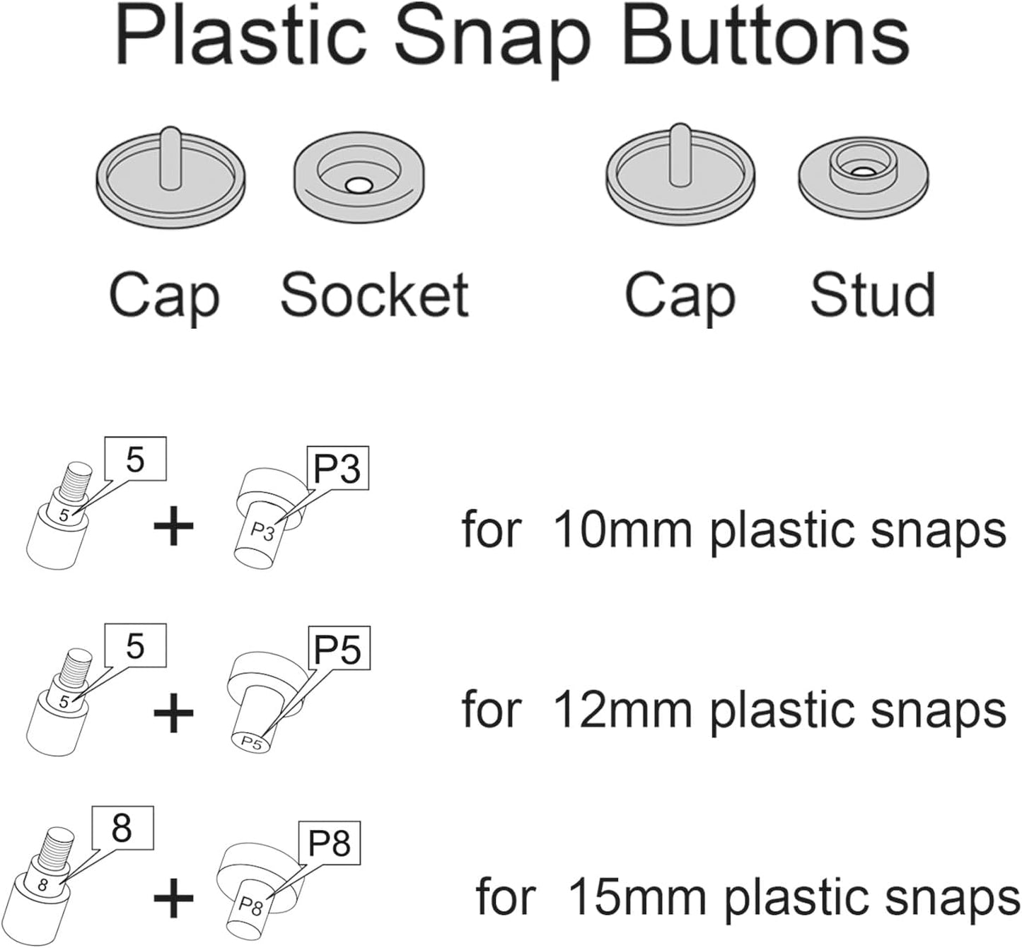 Plastic Snap Fastener Kit with Plier Screwdriver Awl and Storage Case, 100 Sets Snaps, 9 Colors T5 Buttons, 12mm Cap. Snap Plier for T3(10mm), T5(12mm), T8(15mm) Buttons