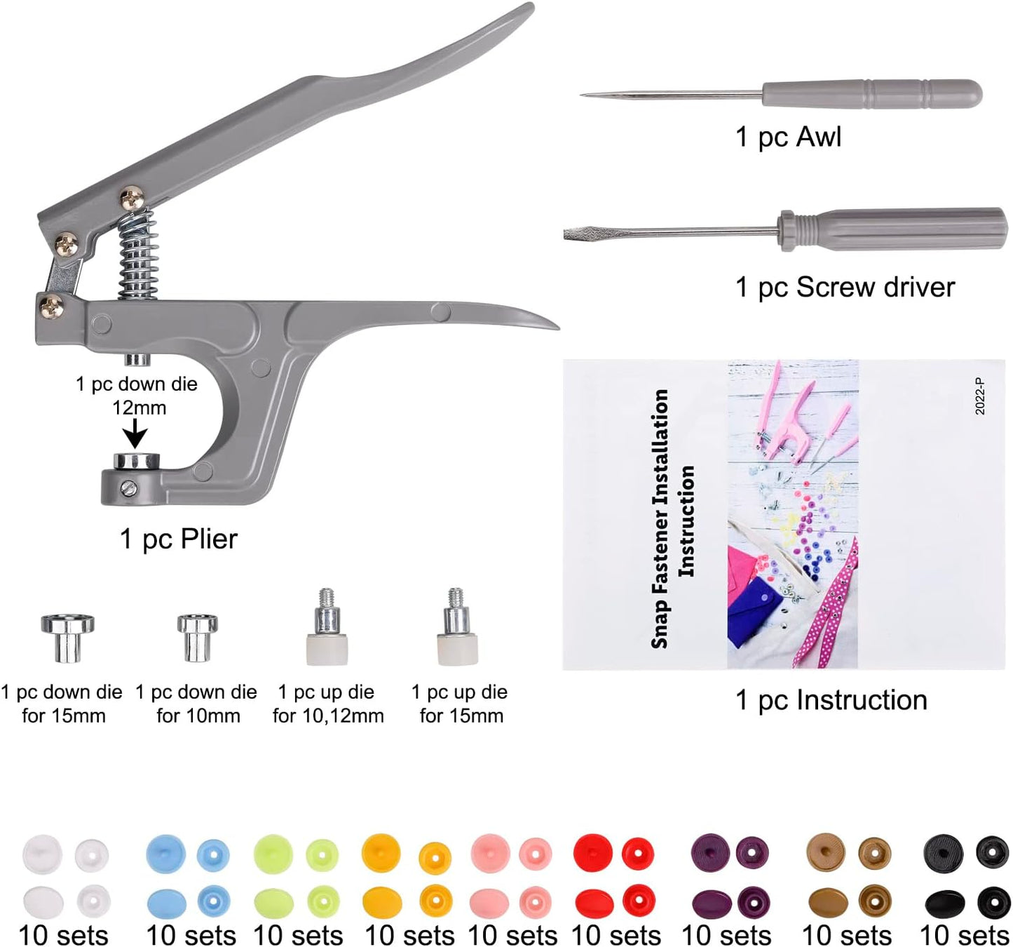 Plastic Snap Fastener Kit with Plier Screwdriver Awl and Storage Case, 100 Sets Snaps, 9 Colors T5 Buttons, 12mm Cap. Snap Plier for T3(10mm), T5(12mm), T8(15mm) Buttons