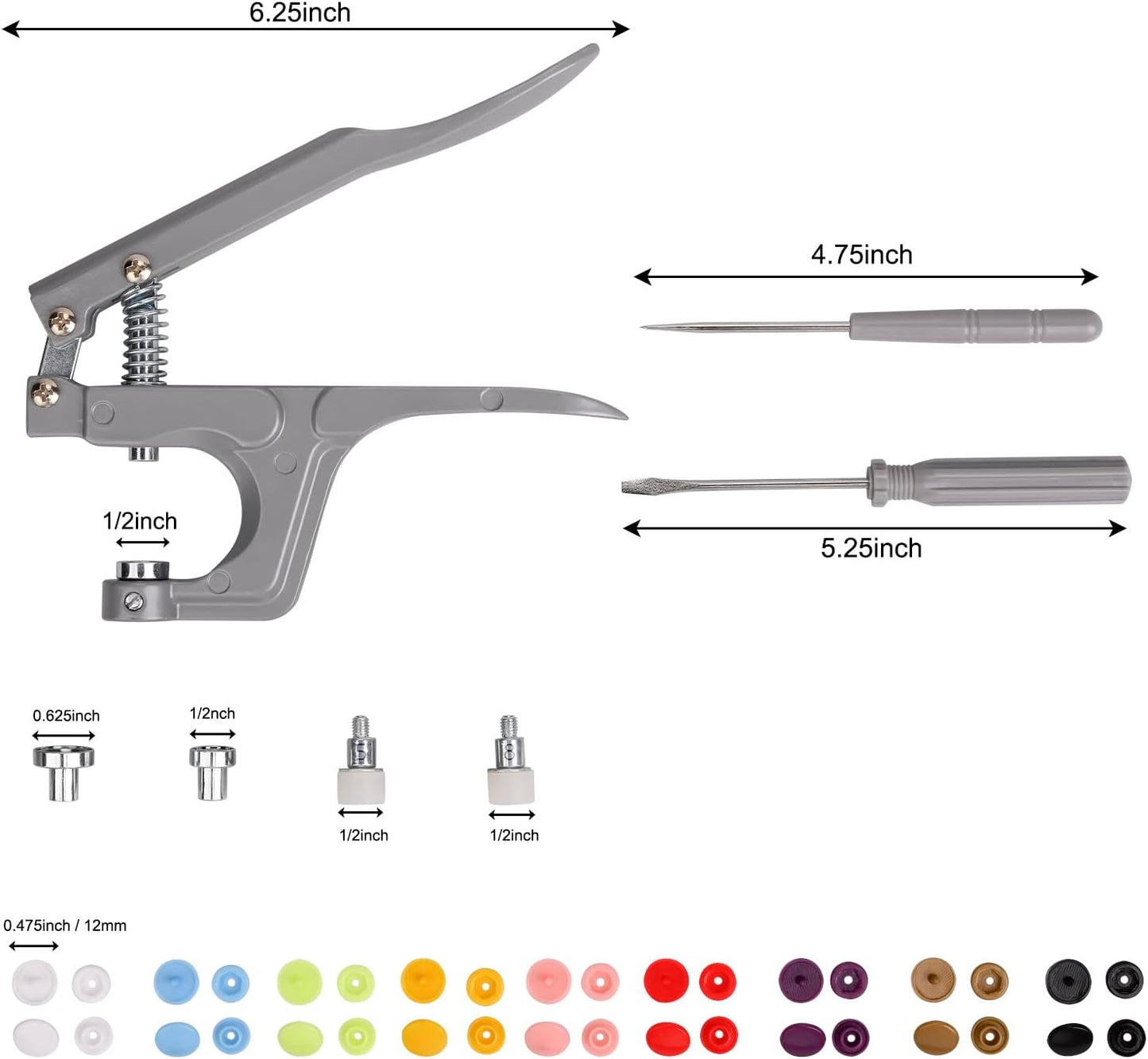 Plastic Snap Fastener Kit with Plier Screwdriver Awl and Storage Case, 100 Sets Snaps, 9 Colors T5 Buttons, 12mm Cap. Snap Plier for T3(10mm), T5(12mm), T8(15mm) Buttons