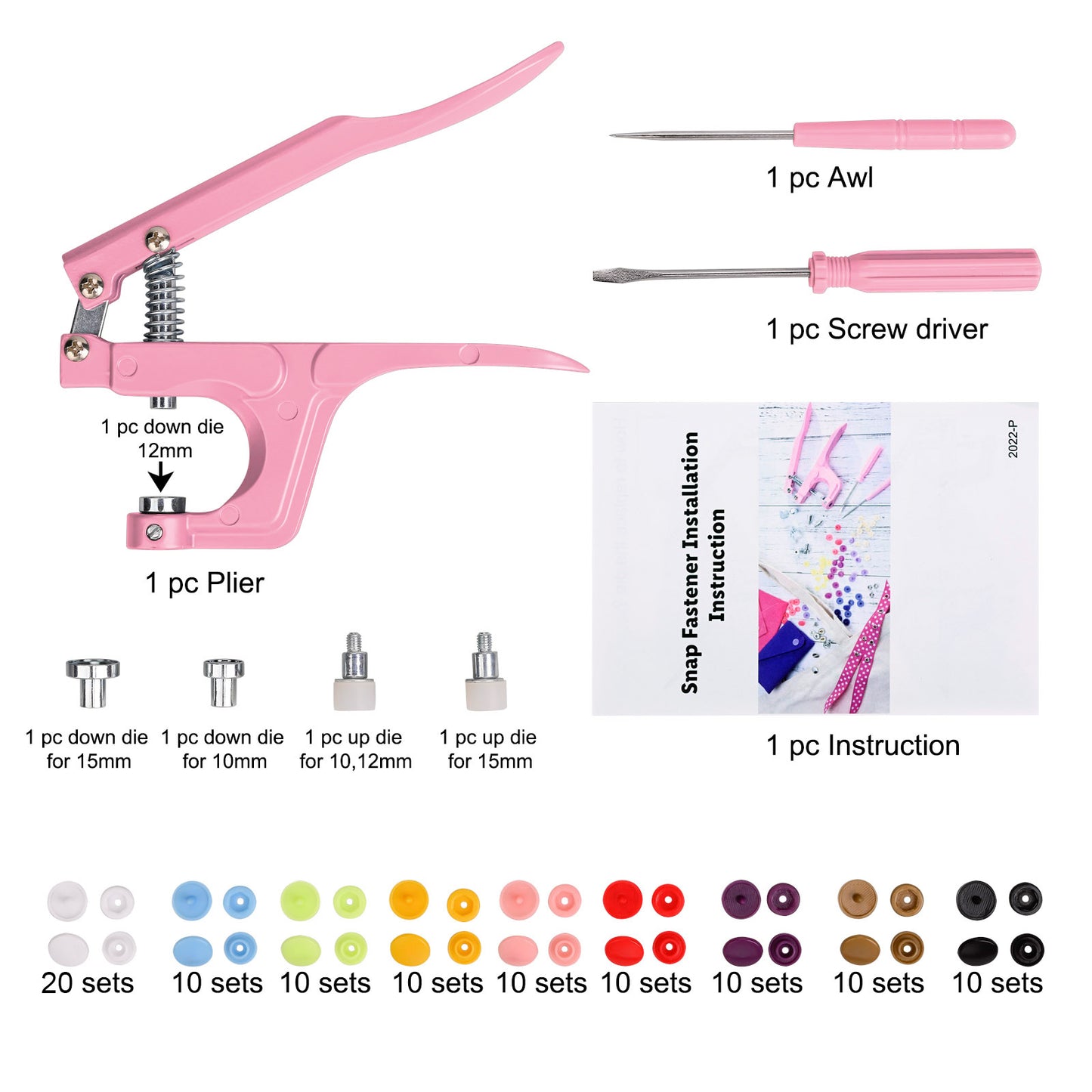 Plastic Snap Fastener Kit with Plier Screwdriver Awl and Storage Case, 100 Sets Snaps, 9 Colors T5 Buttons, 12mm Cap. Snap Plier for T3(10mm), T5(12mm), T8(15mm) Buttons