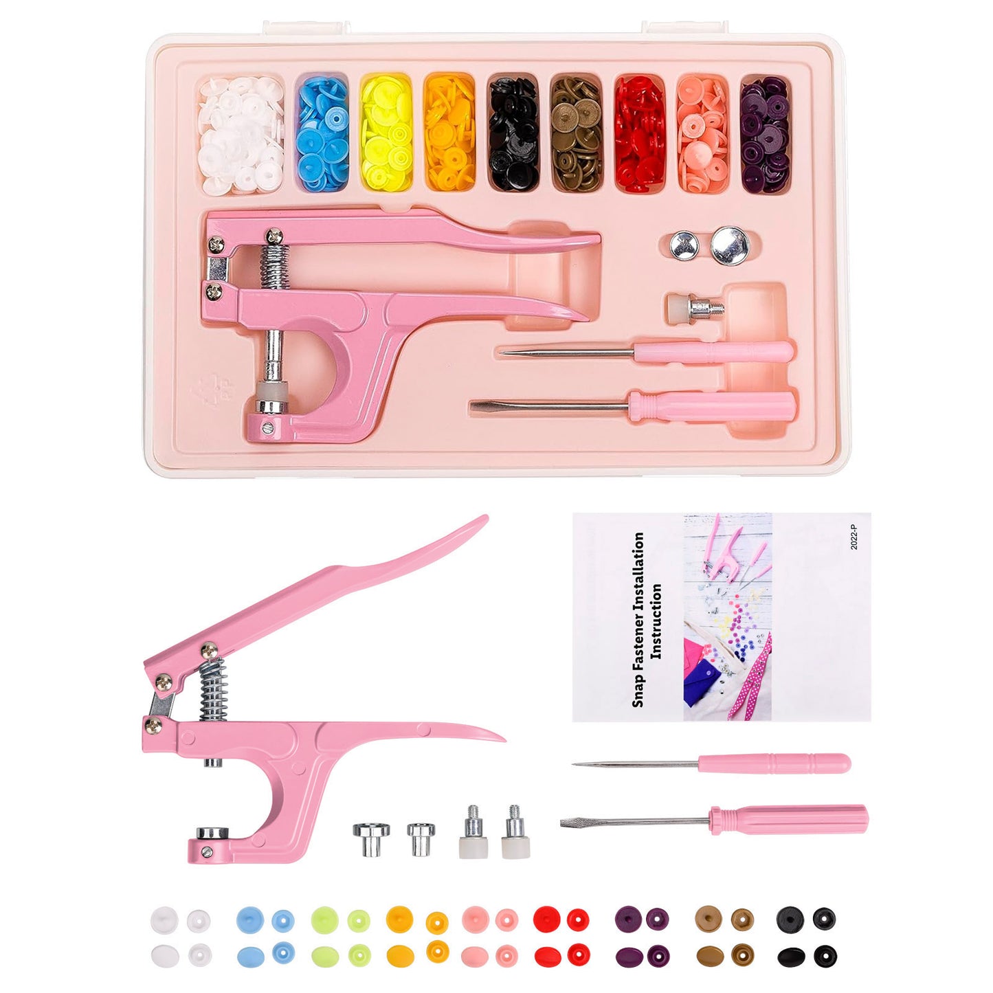 Plastic Snap Fastener Kit with Plier Screwdriver Awl and Storage Case, 100 Sets Snaps, 9 Colors T5 Buttons, 12mm Cap. Snap Plier for T3(10mm), T5(12mm), T8(15mm) Buttons