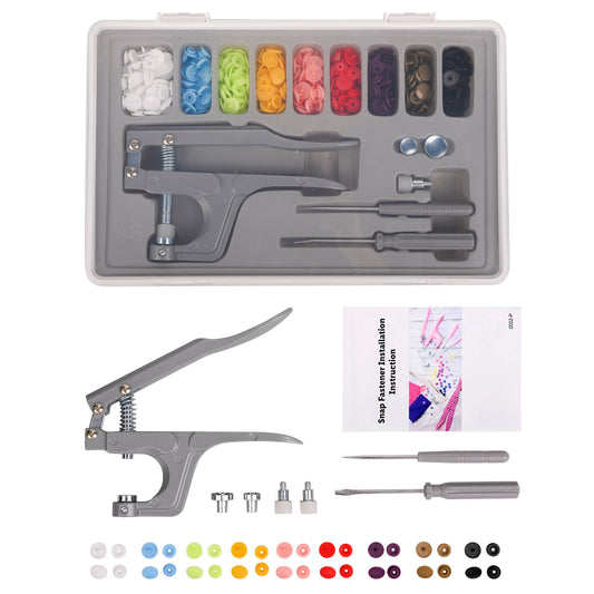 Plastic Snap Fastener Kit with Plier Screwdriver Awl and Storage Case, 100 Sets Snaps, 9 Colors T5 Buttons, 12mm Cap. Snap Plier for T3(10mm), T5(12mm), T8(15mm) Buttons